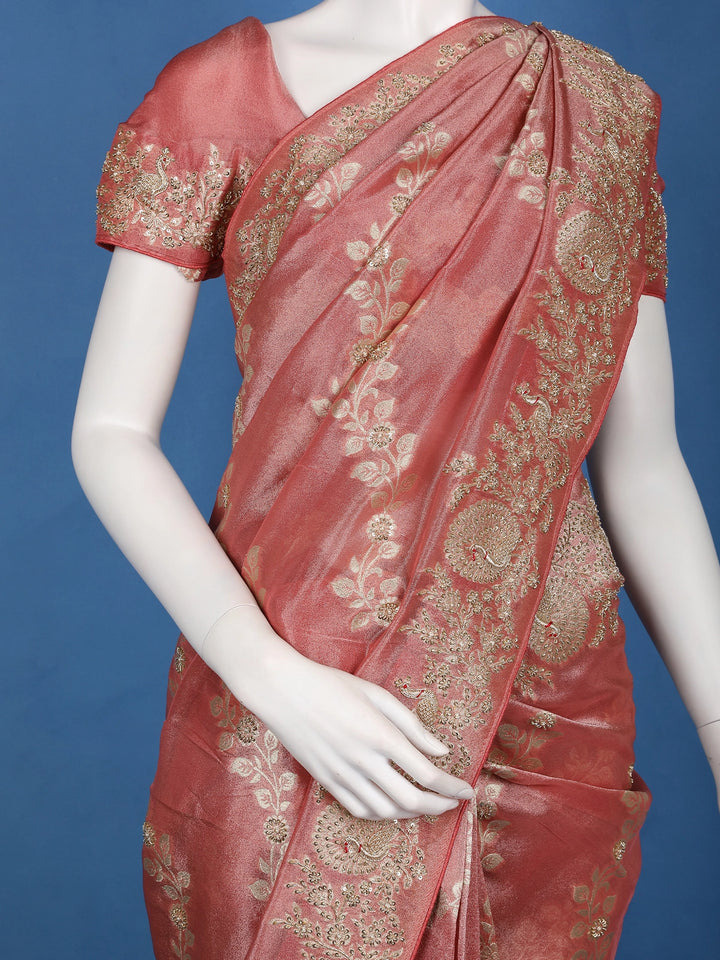 Rustic Rose Floral Zari Sequin Embellishment Organza Saree - Diadem