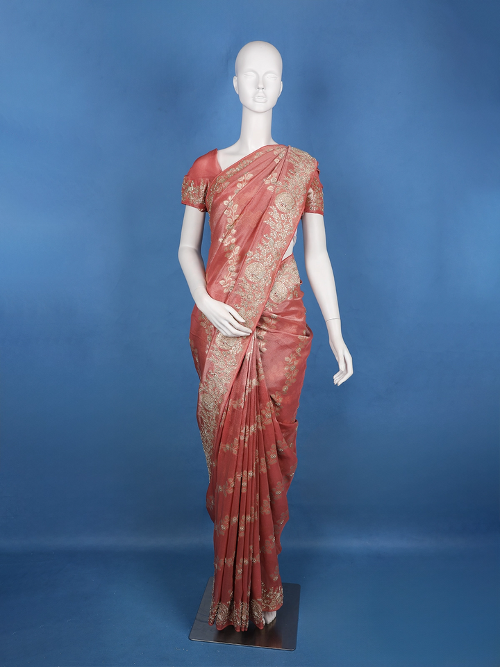 Rustic Rose Floral Zari Sequin Embellishment Organza Saree - Diadem