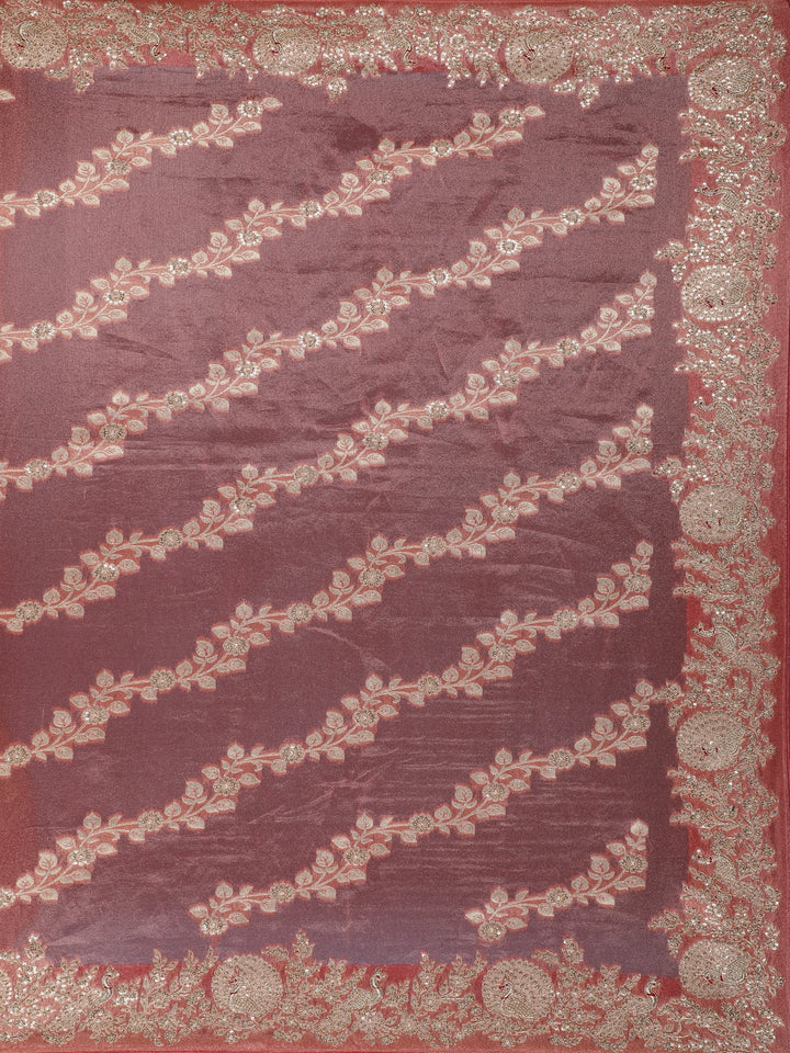 Rustic Rose Floral Zari Sequin Embellishment Organza Saree - Diadem