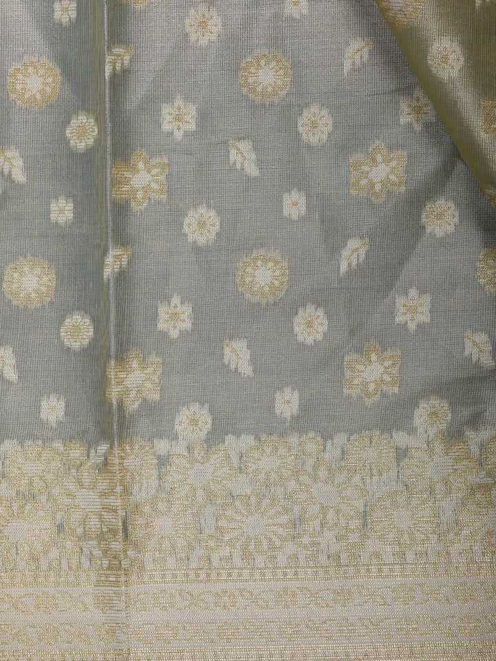 Sage Green Floral Brocade Design Semi Tissue Saree - Diadem