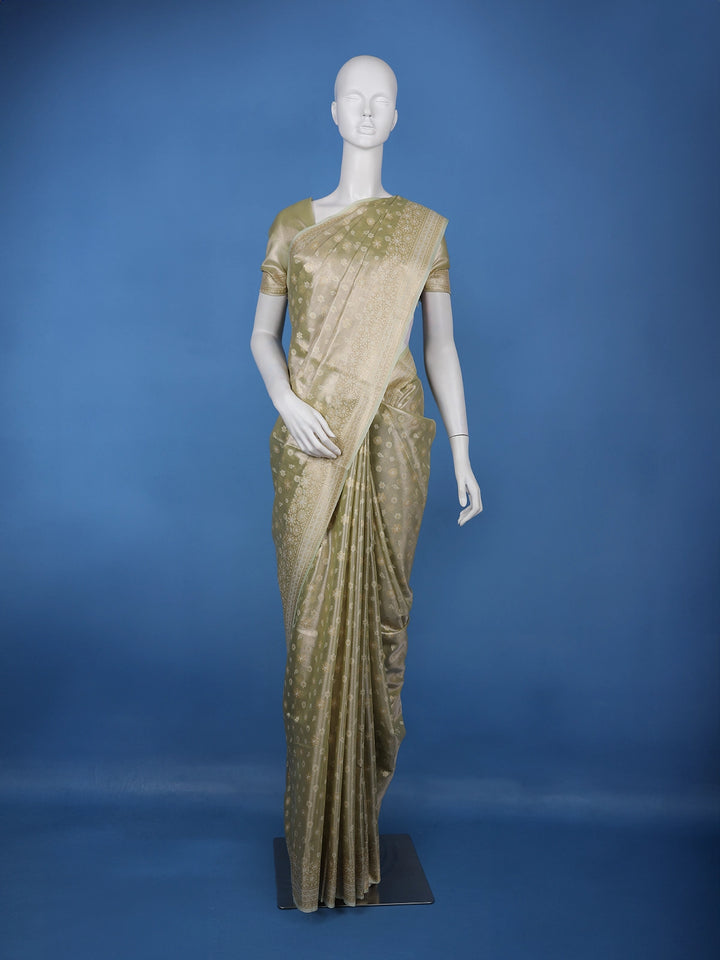 Sage Green Floral Brocade Design Semi Tissue Saree - Diadem