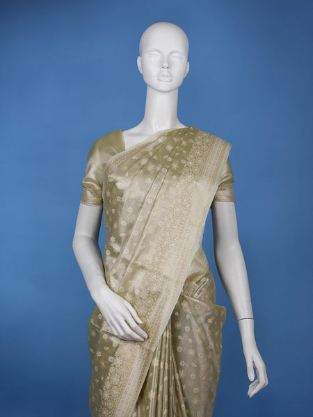 Sage Green Floral Brocade Design Semi Tissue Saree - Diadem