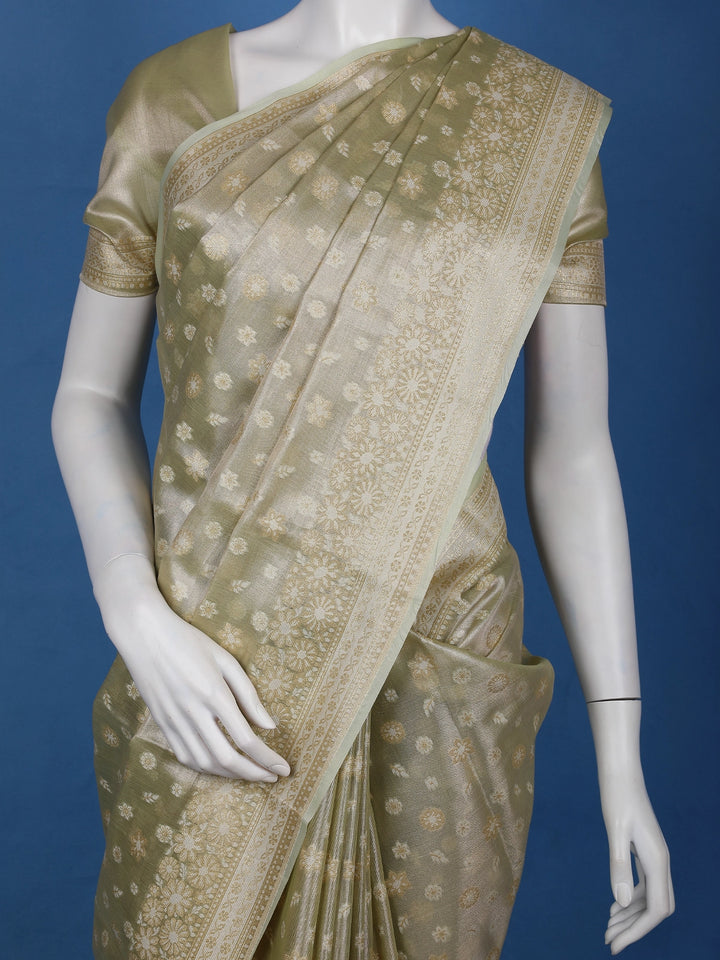 Sage Green Floral Brocade Design Semi Tissue Saree - Diadem