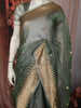 Sage Green Floral Butta Zari Embroidered Design Pure Tissue Silk Party Wear Saree with Zari Border