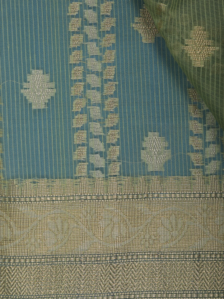 Sage Green Floral Design Semi Tissue Saree - Diadem