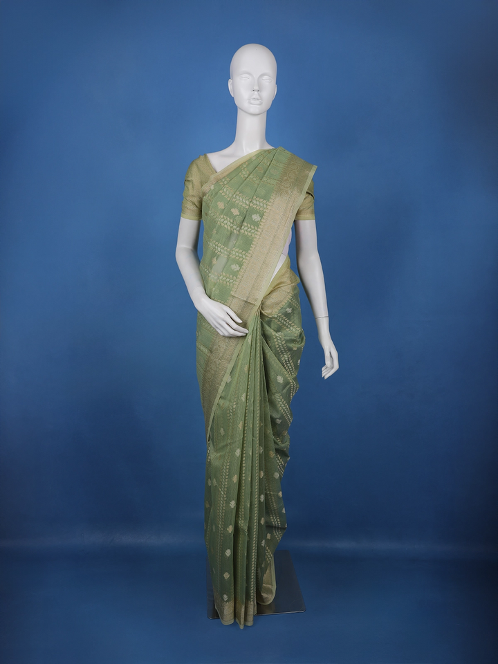 Sage Green Floral Design Semi Tissue Saree - Diadem
