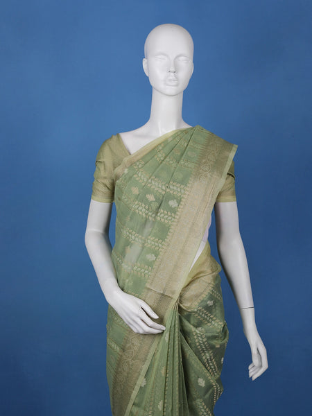 Sage Green Floral Design Semi Tissue Saree - Diadem