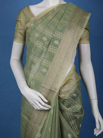 Sage Green Floral Design Semi Tissue Saree - Diadem