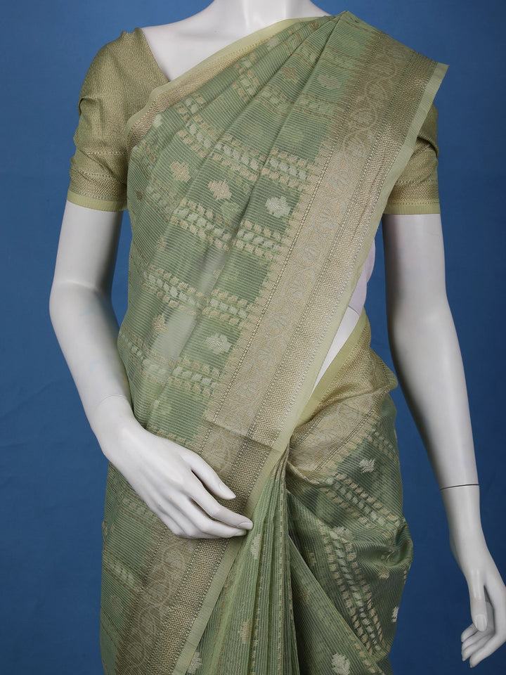 Sage Green Floral Design Semi Tissue Saree - Diadem