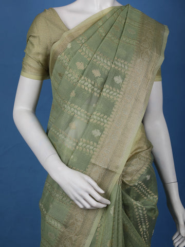 Sage Green Floral Design Semi Tissue Saree - Diadem