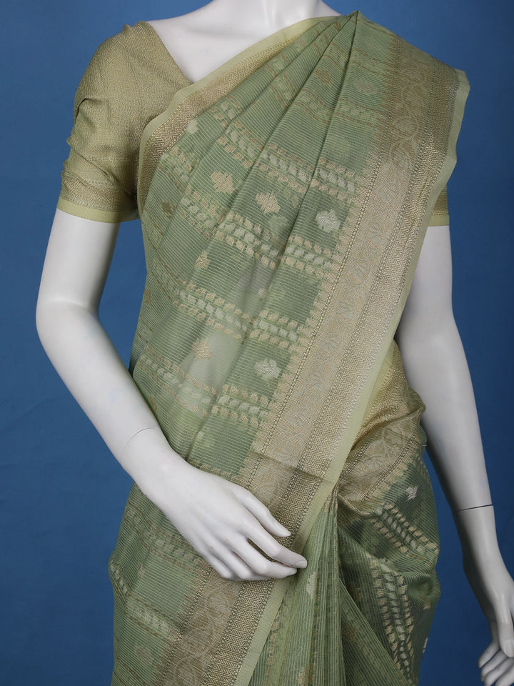 Sage Green Floral Design Semi Tissue Saree - Diadem