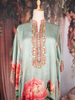 Sage Green Floral Printed Design Crepe Kaftan Set with Bead Embellished Neckline