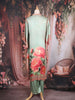Sage Green Floral Printed Design Crepe Kaftan Set with Bead Embellished Neckline