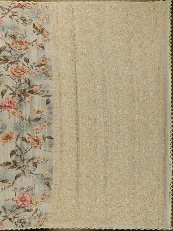 Sage Green Floral Printed Tussar Silk Saree - Diadem