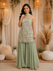 Sage Green Floral Sequins Embroidered Design Net Palazzo Suit with Choker Dupatta