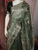 Sage Green Floral Sequins Zari Embroidered Design Pure Tissue Silk Party Wear Saree with Scalloped Border