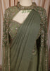 Sage Green Floral Sequins and Kartana Beads Embroidered Design Crushed Ready to Wear Party Saree with Designer Blouse with Cape