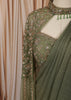Sage Green Floral Sequins and Kartana Beads Embroidered Design Crushed Ready to Wear Party Saree with Designer Blouse with Cape