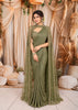Sage Green Floral Sequins and Kartana Beads Embroidered Design Crushed Ready to Wear Party Saree with Designer Blouse with Cape