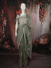 Sage Green Floral Thread Embroidered Design Pure Organza Saree with Scalloped Border