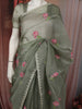 Sage Green Floral Thread Embroidered Design Pure Organza Saree with Scalloped Border