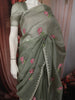 Sage Green Floral Thread Embroidered Design Pure Organza Saree with Scalloped Border