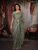 Sage Green Floral Thread Embroidered Design Pure Organza Saree with Scalloped Border