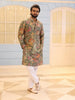 Sage Green Floral Vine Embroidered Design Satin Men's Kurta with White Pant