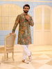Sage Green Floral Vine Embroidered Design Satin Men's Kurta with White Pant