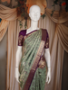 Sage Green Floral Woven Pure Kanchipuram Silk Saree with Zari Border
