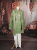 Sage Green Geometric Sequins and Mirror Embroidered Design Tissue Silk Men's Kurta Pyjama with Matching Dupatta
