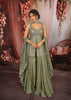 Dusty Grey Heavy Mirror Embroidered Design Tissue Organza Party Wear Peplum Palazzo Suit with Matching Choker Dupatta