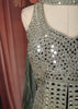 Dusty Grey Heavy Mirror Embroidered Design Tissue Organza Party Wear Peplum Palazzo Suit with Matching Choker Dupatta