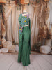 Sage Green Multicolor Floral Beads Embroidered Design Satin Party Wear Palazzo Suit with Matching Choker Dupatta
