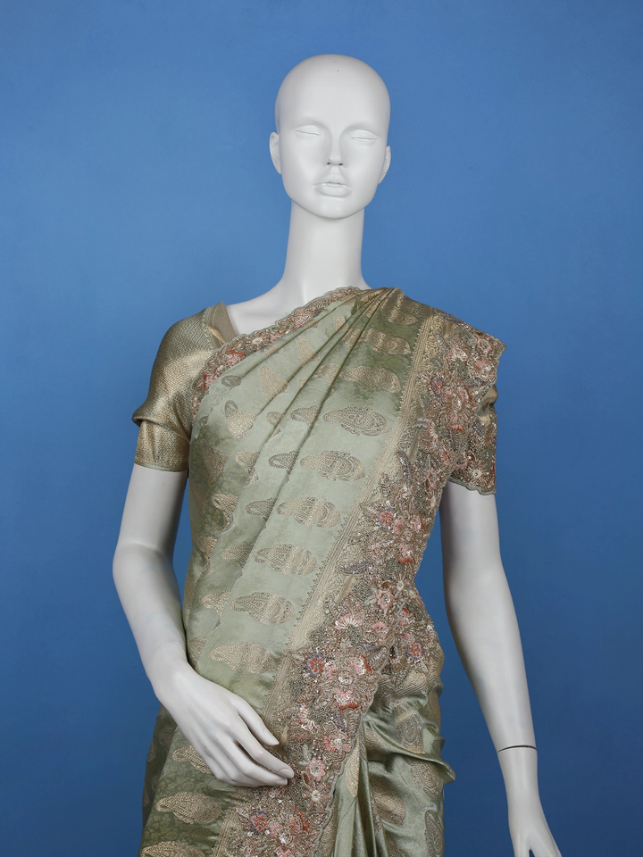 Sage Green Paisley Design Banarasi Silk Saree - Diadem
