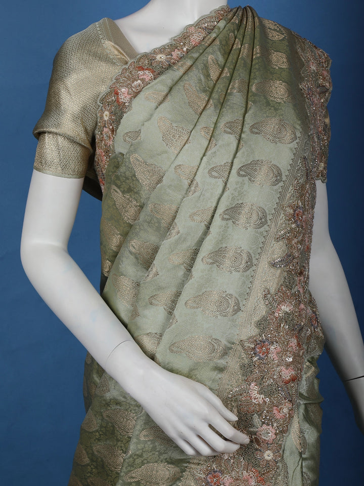 Sage Green Paisley Design Banarasi Silk Saree - Diadem
