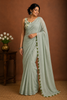 Sage Green Solid Design Cotton Casual Wear Saree with Kalamkari Blouse