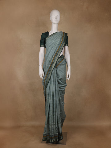 Sage Green Striped Tussar Silk Saree - Diadem