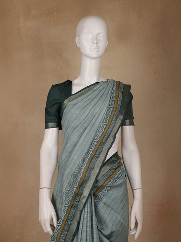 Sage Green Striped Tussar Silk Saree - Diadem