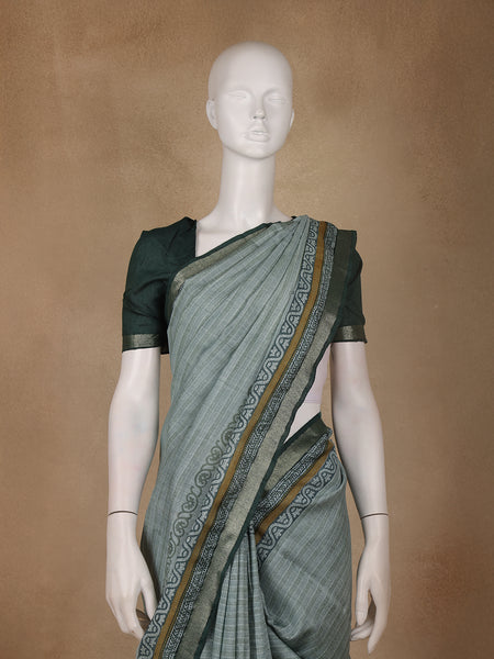 Sage Green Striped Tussar Silk Saree - Diadem