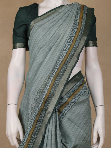Sage Green Striped Tussar Silk Saree - Diadem