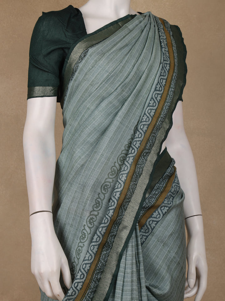 Sage Green Striped Tussar Silk Saree - Diadem