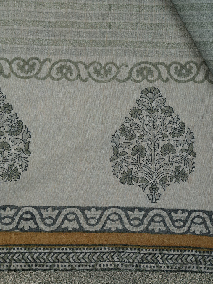 Sage Green Striped Tussar Silk Saree - Diadem