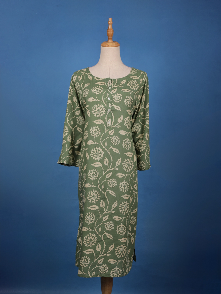 Sage Green Floral Design Printed Cotton Kurti - Diadem