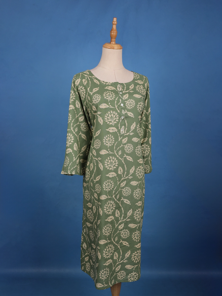 Sage Green Floral Design Printed Cotton Kurti - Diadem