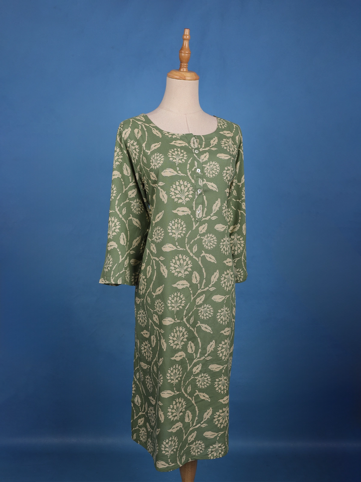 Sage Green Floral Design Printed Cotton Kurti - Diadem