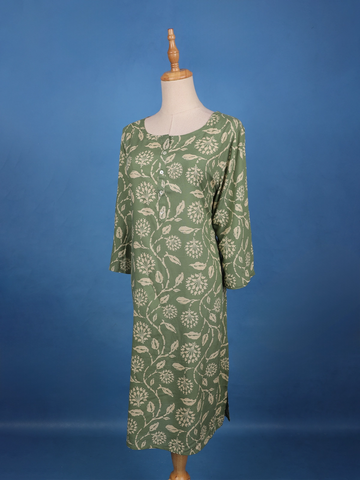 Sage Green Floral Design Printed Cotton Kurti - Diadem