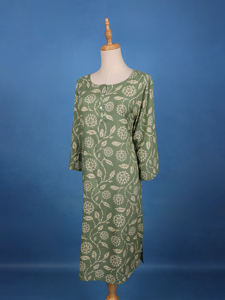 Sage Green Floral Design Printed Cotton Kurti - Diadem