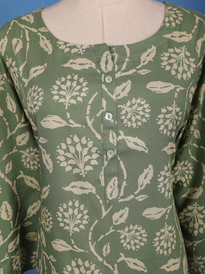Sage Green Floral Design Printed Cotton Kurti - Diadem