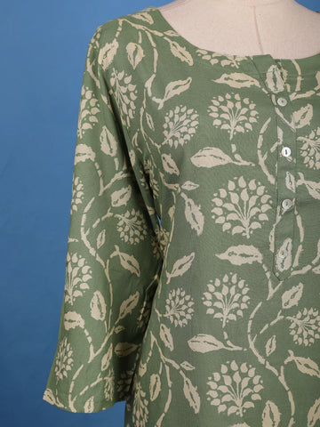 Sage Green Floral Design Printed Cotton Kurti - Diadem